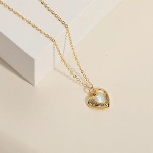 Elegant 14K gold plated heart necklace with cat eye stone and cubic zirconia pendant