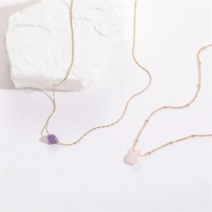 Natural amethyst and rose quartz crystal pendant necklaces with gold chains