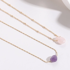 Natural Stone Crystal Amethyst Rose Quartz Pendant Necklace Copper Gold Plated Minimalist Geometric Irregular Jewelry For Women
