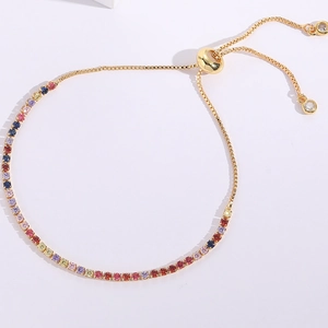 Bracelet Arc-en-ciel en Cuivre Plaqué Or 14K pour Femmes Réglable Fermoir Coulissant Coloré Pierre Dégradée Tennis Bracelet Bijoux Cadeau