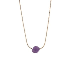 Natural purple crystal teardrop stone necklace with fine gold snake chain on white background