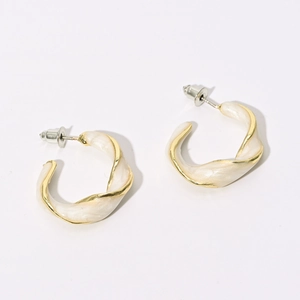 French Vintage Copper Twisted C-shaped Hoop Earrings For Women Gold Plated Cream White Enamel Studs With Silver Earring Post Jewelry