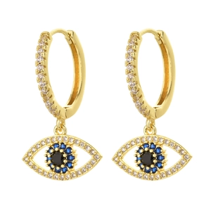 Close-up of 14K gold plated evil eye hoop earrings with white and blue zircon stones