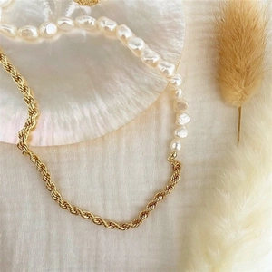 Edelstahl Seilkette Patchwork Süßwasserperle Halskette Barockperle Choker Für Damen Vergoldet Mode Schmuck
