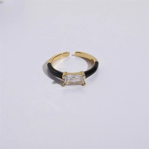 Adjustable 14K gold plated square zircon ring with black enamel details for women