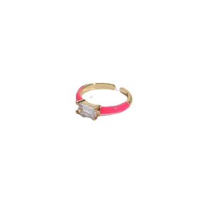 Pink enamel 14K gold plated adjustable ring with rectangular cubic zirconia stone