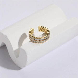 Luxurious 14K gold plated double-row zircon open ring with elegant floral butterfly accents
