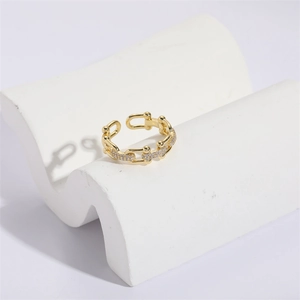 Luxurious 14K gold butterfly flower open ring with zircon accents and link chain design