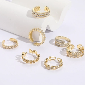 14K Gold Plated Copper Cubic Zirconia Open Ring Butterfly Flower Leaf Geometric Adjustable Finger Ring For Women Light Luxury Jewelry