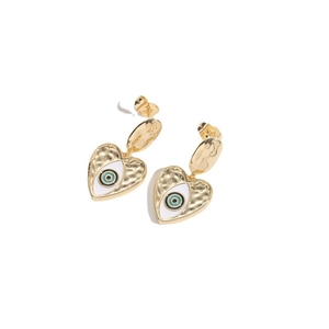 Golden heart earrings with blue evil eye design and hammered texture for women