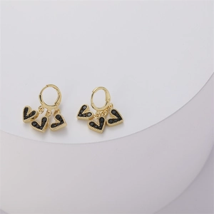 14K gold hoop earrings with three dangling black zircon heart charms for women