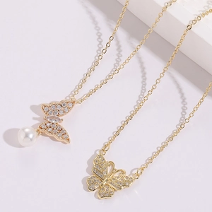 14K Gold Plated Copper Butterfly Artificial Pearl Zirconia Pendant Necklace For Women Elegant Light Luxury Butterfly Choker Jewelry