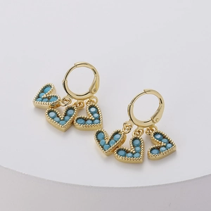 14K Gold Plated Copper Heart Zirconia Hoop Earrings For Women Elegant Three Heart Dangle Drop Earrings Fashion Jewelry Accessories