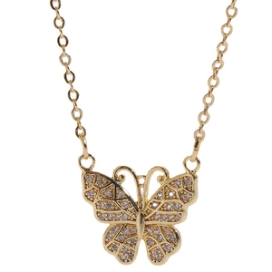 Exquisite 14K gold butterfly pendant necklace with white zircon and pearl details
