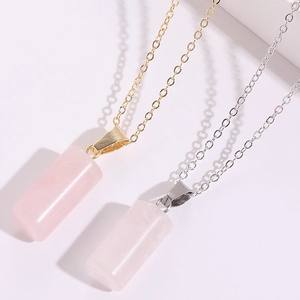 Collier Pendentif Quartz Rose Minimaliste Cuivre Plaqué Or Cylindre Pierre Naturelle Choker Pour Femmes Bijoux Quotidien
