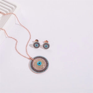 Parure de bijoux œil protecteur avec collier et boucles d'oreilles en cristal bleu et or rose