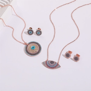 Ensemble de Collier et Boucles d'Oreilles Zirconia Oeil de Mal pour Femmes Cuivre Plaqué Or Rose Pendentif Rond Bijoux