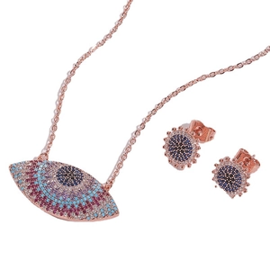 Parure élégante œil protecteur en or rose avec cristaux colorés, collier et boucles d'oreilles