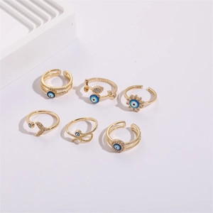 Six-piece Evil Eye ring set with enamel, zircon, and gold-plated adjustable bands