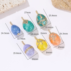 Detailed size guide for colorful enamel egg pendants with zircons in multiple colors
