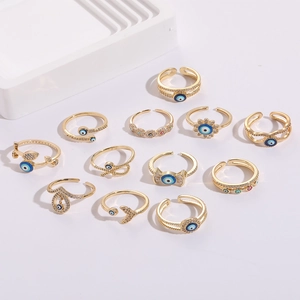 Evil Eye Adjustable Open Ring 14K Gold Plated Copper Zircon Enamel Finger Jewelry For Women Daily Party Fashion Accessories
