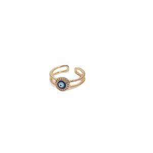 Golden double-layer open ring featuring a blue evil eye motif and white zircon accents