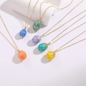 Vintage Copper Enamel Egg Pendant Necklace With Zirconia Faberge Style Faberge Egg Clavicle Chain Jewelry Gift For Women