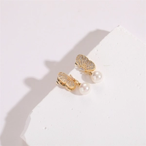 Elegant 14K gold plated butterfly earrings with sparkling zircons and white pearls
