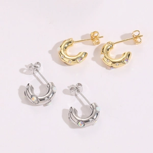 Boucles d'Oreilles Clous en Cuivre en Forme de C Vintage Avec Tige en Argent Sterling 925 Zirconia Opale Artificielle Femme