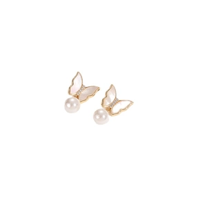 Elegant 14K gold plated butterfly earrings with shell pearls and micro zircon accents