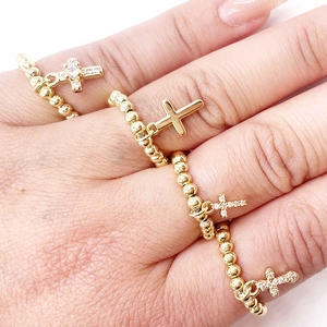 Fashion Copper 14K Gold Plated Zirconia Cross Pendant Beaded Stretch Ring For Women Men Unisex Minimalist Religious Jewelry