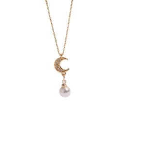 Elegant gold crescent moon pendant necklace with zircon stones and white pearl drop