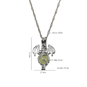 Silver dragon necklace with glowing green bead pendant for Halloween jewelry gift