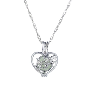 Luminous heart locket necklace with Mother engraving and glowing green bead pendant