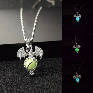 Luminous dragon pendant necklace in silver finish with glowing beads in multiple colors