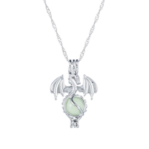 Luminous dragon pendant necklace with green glowing bead and silver metal chain accessory
