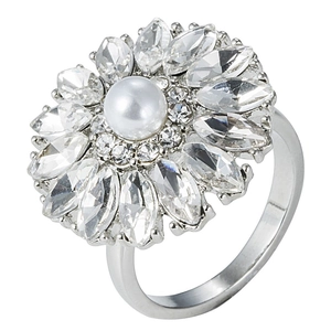 Detailed macro view of silver flower ring with white pearl and crystal petals