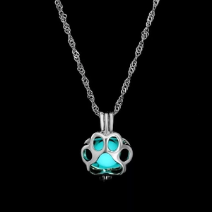 Luminous paw print pendant necklace with glowing teal bead on polished silver chain