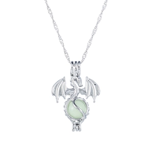 Detailed view of silver dragon pendant clutching a luminous green bead on a thin chain