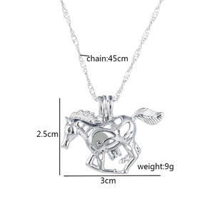 Silver hollow luminous horse pendant necklace with green glow bead and 45cm cable chain