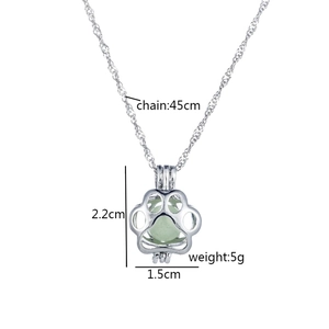 Luminous dog paw pendant necklace on silver water wave chain with size measurements