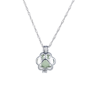 Luminous pet paw print pendant necklace in silver with light green glowing bead