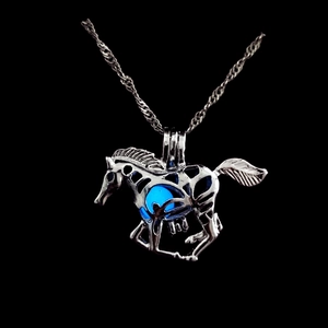 Luminous hollow horse pendant necklace with blue glowing bead and silver chain