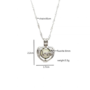 Luminous heart locket MOM necklace with green fluorite bead on 45cm water wave chain