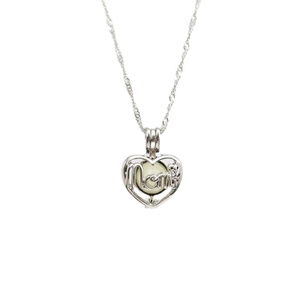 Luminous heart locket necklace with Mom script and glowing bead on silver chain