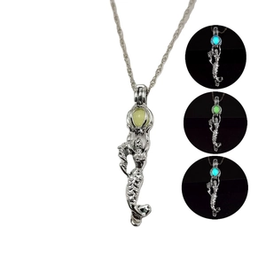 Luminous Mermaid Pendant Necklace For Women Alloy Luminous Stone Hollow Mermaid Jewelry Silver Color Glowing Necklace