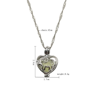 Cute hollow heart elephant glowing necklace with luminous stone pendant and silver chain
