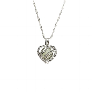Silver hollow heart necklace for Mother's Day with green luminous bead and MOM engraving