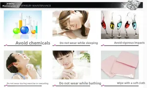 Visual guide for jewelry maintenance including cleaning and care tips for pendant necklaces