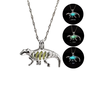 Luminous Dinosaur Skeleton Pendant Necklace For Women Men Hollow Alloy Glow In The Dark Halloween Party Jewelry Gift